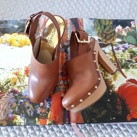 NWOT Michael Kors brown leather slingback clog heeled mule - Picture 5 of 13